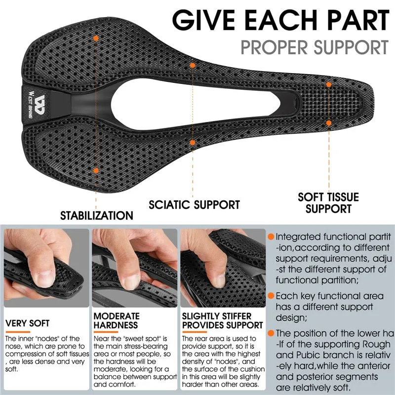 Ultralight Carbon Fiber 3D Printed Bike Saddle Hollow Comfortable Breathable MTB Road Bicycle Triathlon Cycling Race Seat