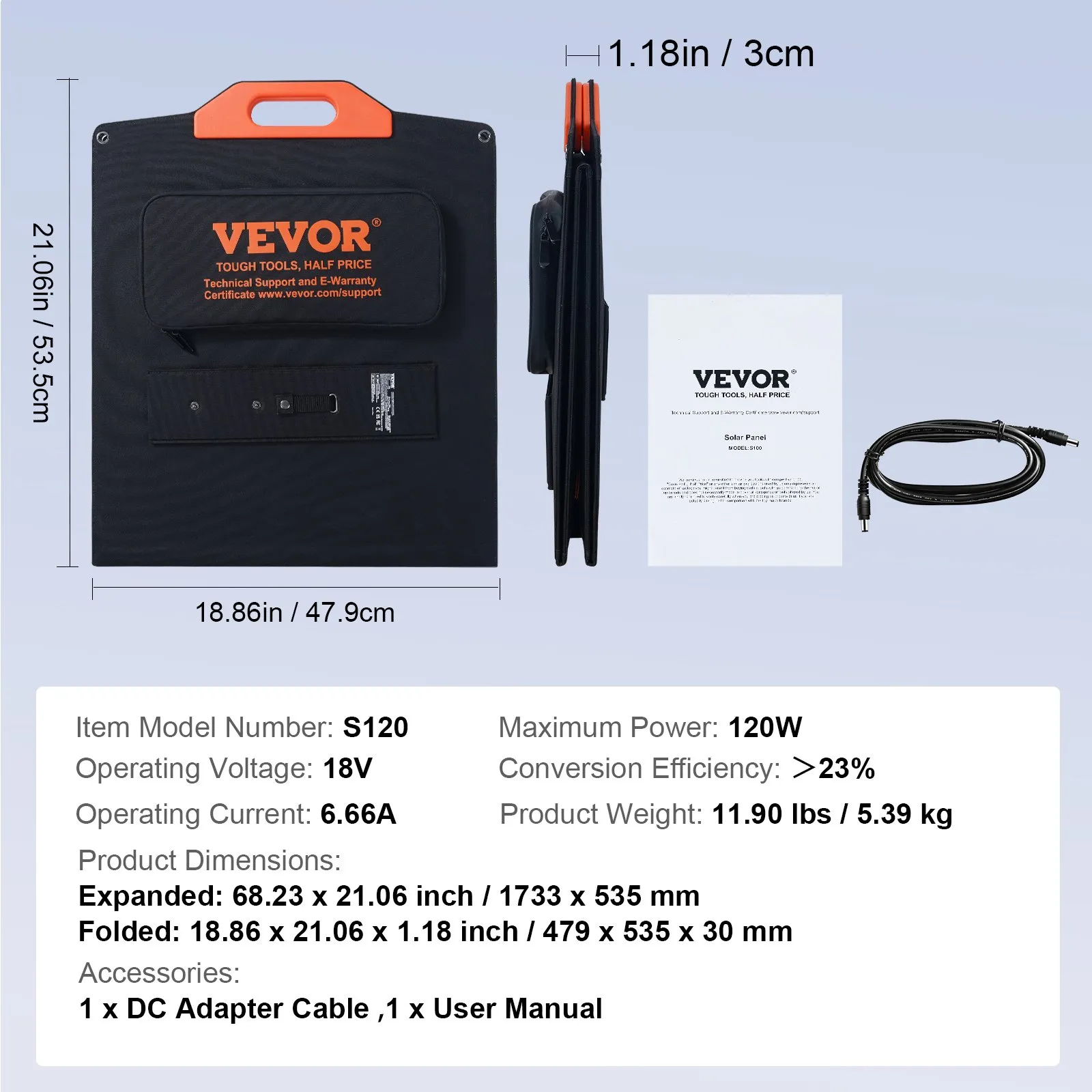 VEVOR Portable Monocrystalline Solar Panel - 120W Foldable ETFE Solar Charger